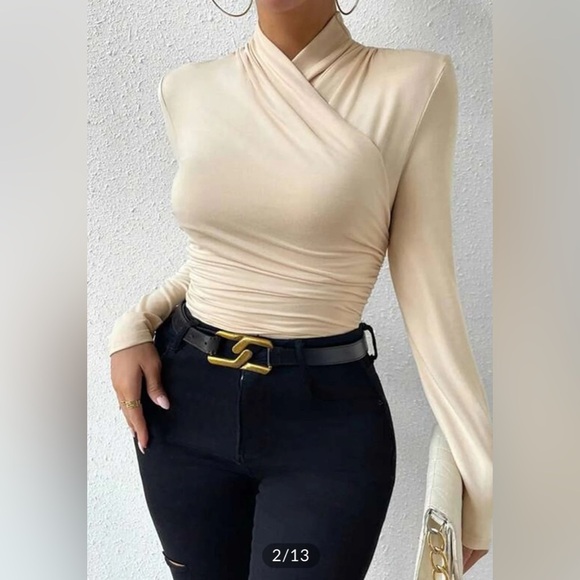 Cross-Over Collar Pleated Cinched T-Shirt Commense XS NWT CM6 - Picture 2 of 6